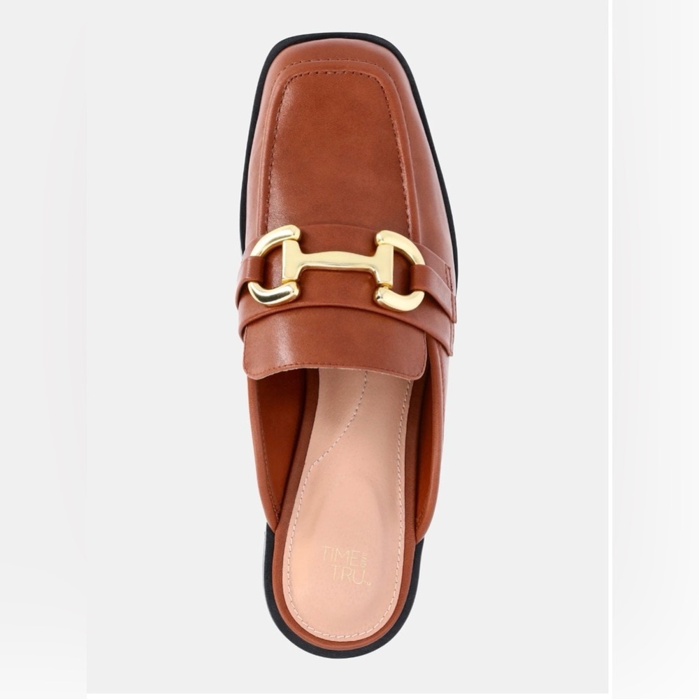 Time & Tru Women's Brown Loafer Mules Size 8 Memory Foam Slip On Gold Hardware - Picture 11 of 14